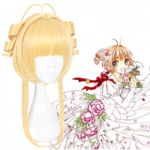 40cm Medium Long Blonde Card Captor Sakura Kinomoto Sakura Hair Wig Synthetic Anime Cosplay Wigs+Two Ponytails CS-359B