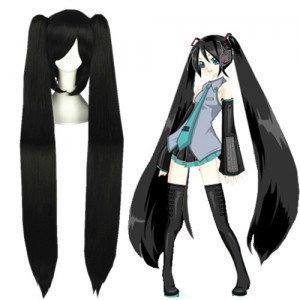 120cm Long Straight VocAloid Black Stnthetic Anime Cosplay Hair Wigs+2Ponytails CS-075E