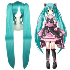 120cm Long Straight VocAloid Miku Wig Blue Synthetic Anime Cosplay Hair Wigs+2Ponytails CS-075A