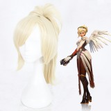 45cm Medium Long Light Gold Overwatch Mercy Wig Synthetic Party Hair Anime Cosplay Wig+1Ponytail CS-302C