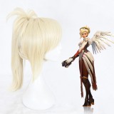 45cm Medium Long Light Gold Overwatch Mercy Wig Synthetic Party Hair Anime Cosplay Wig+1Ponytail CS-302C