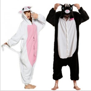 Adult Cartoon Flannel Unisex White&Black Cat Animal Onesies Anime Kigurumi Costume Pajamas Sets KT045