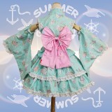 2017 New Pink Hellokittty&Blue Horse Dress Cotton Halloween Party Anime Cosplay Costume Lolita Dress COS-176