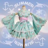 2017 New Pink Hellokittty&Blue Horse Dress Cotton Halloween Party Anime Cosplay Costume Lolita Dress COS-176