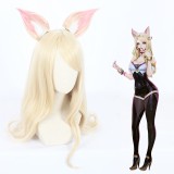 70cm Long Curly Light Blonde League of Legends LOL KDA Ahri Wig Synthetic Anime Cosplay Wigs With Ears CS-119L