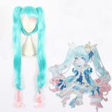 120cm Long Curly Blue&Pink Mixed 2019 Vocaloid Snow Miku Wig Synthetic Anime Cosplay Wigs 2Ponytails CS-403A