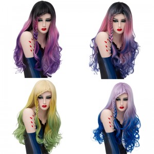 2019 New Fashion 70cm Long Curly Multi Colors Mixed Anime Cosplay Wig  Synthetic Halloween Lolita Wigs