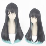 70cm Long Straight Black&Light Green Demon Slayer Tokitou Muichirou Wig Synthetic Anime Cosplay Wigs CS-471F