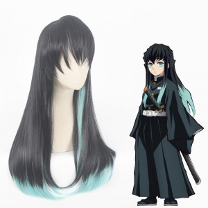70cm Long Straight Black&Light Green Demon Slayer Tokitou Muichirou Wig Synthetic Anime Cosplay Wigs CS-471F