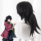 55cm Long Black Demon Slayer Anime Tomioka Giyuu Wig Synthetic Cosplay Hair Wigs With One Ponytail CS-471I