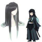 90cm Long Straight Black&Light Green Demon Slayer Tokitou Muichirou Wig Synthetic Anime Cosplay Wigs With 2Ponytails CS-471S