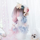 50cm Long Curly Brown Pink Blue Three Colors Mixed Synthetic Anime Cosplay Hair Lolita Wigs For Girls CS-819A