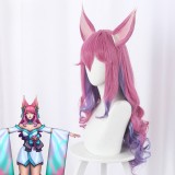 60cm Long Wave Rose Pink&Purple Mixed LOL Spirit Blossm Ahri Wig Synthetic Anime Cosplay Wigs With Ears CS-119M