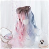 50cm Long Curly Brown Pink Blue Three Colors Mixed Synthetic Anime Cosplay Hair Lolita Wigs For Girls CS-819A