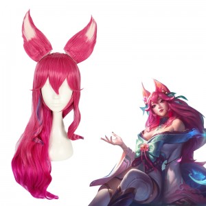 60cm Long Curly Rose Ahri Wig League of Legends LOL Spirit Blossm Anime Wig Synthetic Cosplay Wigs With Ears CS-119O