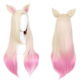 80cm Long Beige Pink Mixed League of Legends LOL KDA Ahri Wig Synthetic Anime Cosplay Wig With Two Ears CS-394D