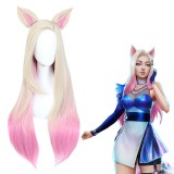 80cm Long Beige Pink Mixed League of Legends LOL KDA Ahri Wig Synthetic Anime Cosplay Wig With Two Ears CS-394D