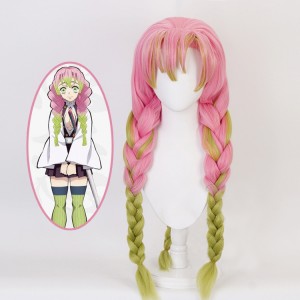 80cm Long Pink Green Mixed Demon Slayer Kanroji Mitsuri Wig Synthetic Anime Cosplay Wigs With Three Braids CS-471T