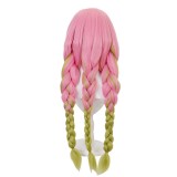 80cm Long Pink Green Mixed Demon Slayer Kanroji Mitsuri Wig Synthetic Anime Cosplay Wigs With Three Braids CS-471T