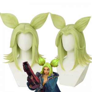 35cm Short Light Green League of Legends LOL Game The Spark of Zaun Zeri Wig Synthetic Anime Cosplay Wigs With Two Ears CS-119Z