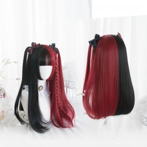 55cm Long Straight And Curly Black&Dark Red Mixed Synthetic Anime Cosplay Heat Resistant Lolita Hair Wigs CS-821