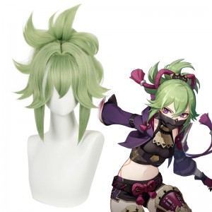 35cm Short Straight Light Green Genshin Impact Kuki Shinobu Wig Cosplay Synthetic Anime Hair Wig With One Ponytail CS-466R