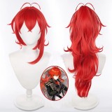 70cm Long Curly Red Genshin Impact Diluc Wig Cosplay Synthetic Anime Heat Resistant Hair Wig With One Ponytail CS-466V