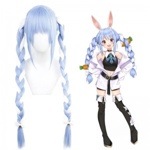 80cm Long Blue White Mixed Virtual YouTuber Usada Pekora Wig Cosplay Synthetic Anime Wig With Two Braids CS-519A