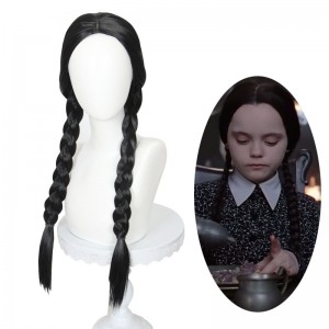 New Movie 60cm Long Black The Addams Family Wednesday Addams Cosplay Wig Synthetic Halloween Costume Cosplay Wigs CS-520A