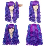 65cm Long Wave Dark Purple&Blue Mixed Anime Cosplay Wig Synthetic Halloween Party Kawaiii Lolita Wig With 2Ponytails CS-046C