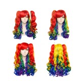 65cm Long Wave Rainbow Color Mixed Anime Cosplay Wig Synthetic Halloween Party Lolita Hair Wigs With 2Ponytails CS-046B