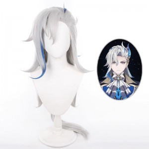 110cm Long Silver&Blue Mixed Genshin Impact Neuvillette Wig Cosplay Synthetic Anime Halloween Hair Wigs CS-666A