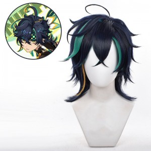40cm Short Dark Blue Mixed Genshin Impact Kinich Wig Cosplay Synthetic Anime Hair Wig CS-666I