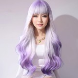 70cm Long Body Wave Beige&Purple Dyed Fashion Synthetic Anime Lolita Cosplay Halloween Party Hair Wig CS-888B