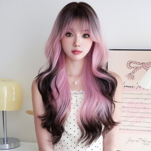 70cm Long Body Wave Pink&Coffee Dyed Fashion Synthetic Anime Lolita Cosplay Halloween Party Hair Wig CS-888C
