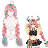 100cm Long Pink&Blue Mixed Genshin Impact Varesa Wig Synthetic Anime Hair Wigs With Two Braids CS-666L