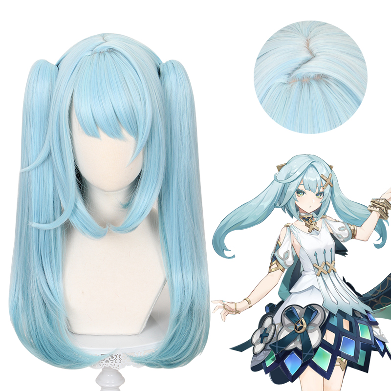 50cm Long Straight Blue Mixed Genshin Impact Faruzan Wig Synthetic Anime Cosplay Hair Wigs With Two Ponytails CS-555I