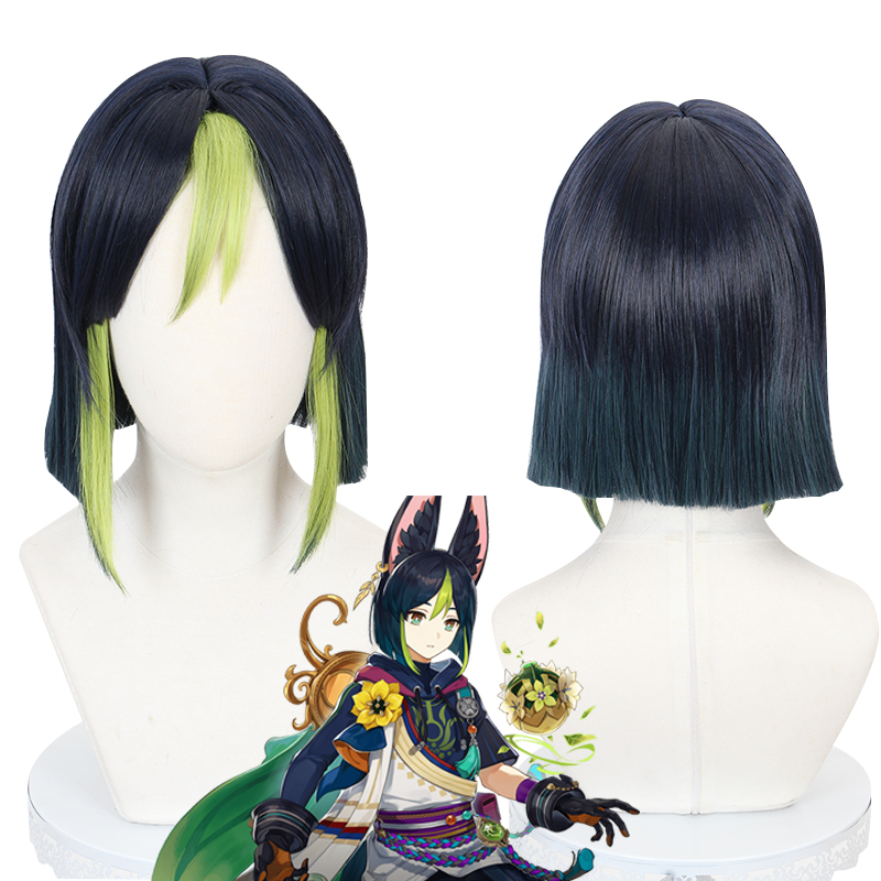 35cm Short Straight Dark Blue&amp;Green Genshin Impact Tighnari Wig Cosplay Synthetic Anime Heat Resistant Hair Wig CS-555B