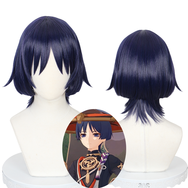 40cm Medium Long Straight Dark Blue Genshin Impact Scaramouche Wig Cosplay Synthetic Anime Heat Resistant Hair Wig CS-466Y