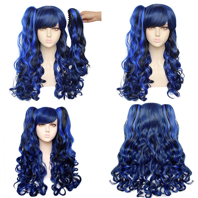 65cm Long Wave Blue&amp;Black Mixed Anime Cosplay Wig Synthetic Halloween Party Hair Kawaiii Lolita Wig With 2Ponytails CS-046D